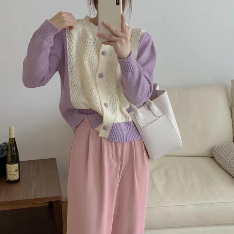 Autumn New Knitted Cardigan Women Contrast Color Chic Korean Fashion Sweater Coat Loose Vintage Clothes