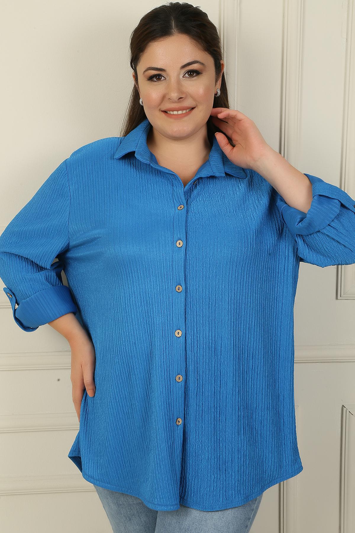 

Sleeve Folded Seersucker Plus Size Shirt 3XL синій