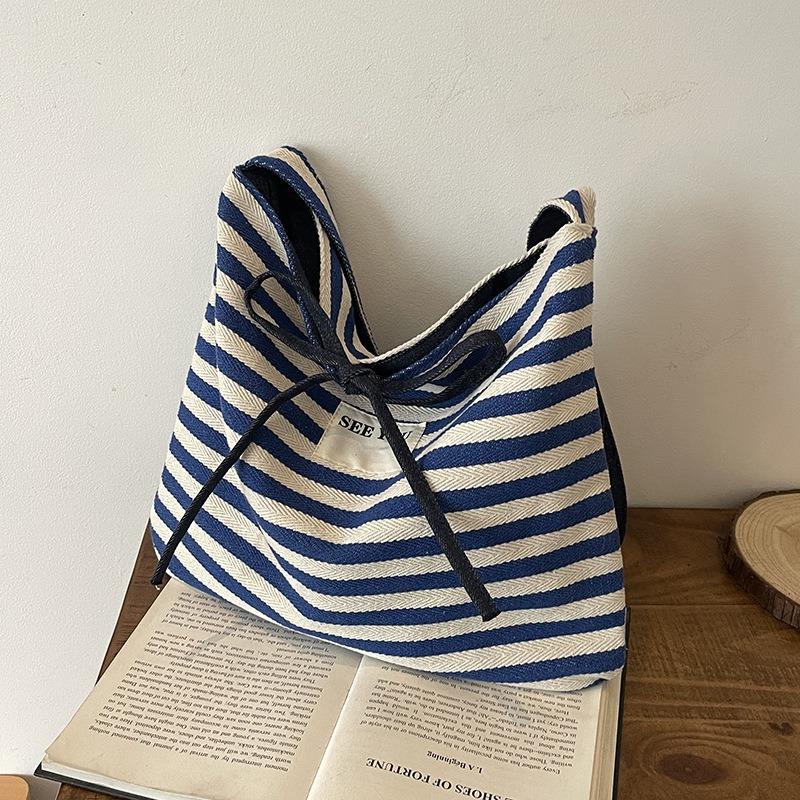 Large-capacity Bag Women's New Summer Versatile Casual Striped Shoulder College Student Class Tote Bag