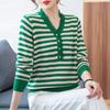 New Autumn and Winter Long-sleeved V-neck Sweater Stylish and Loose Slim Striped Sweater for Middle-aged Women