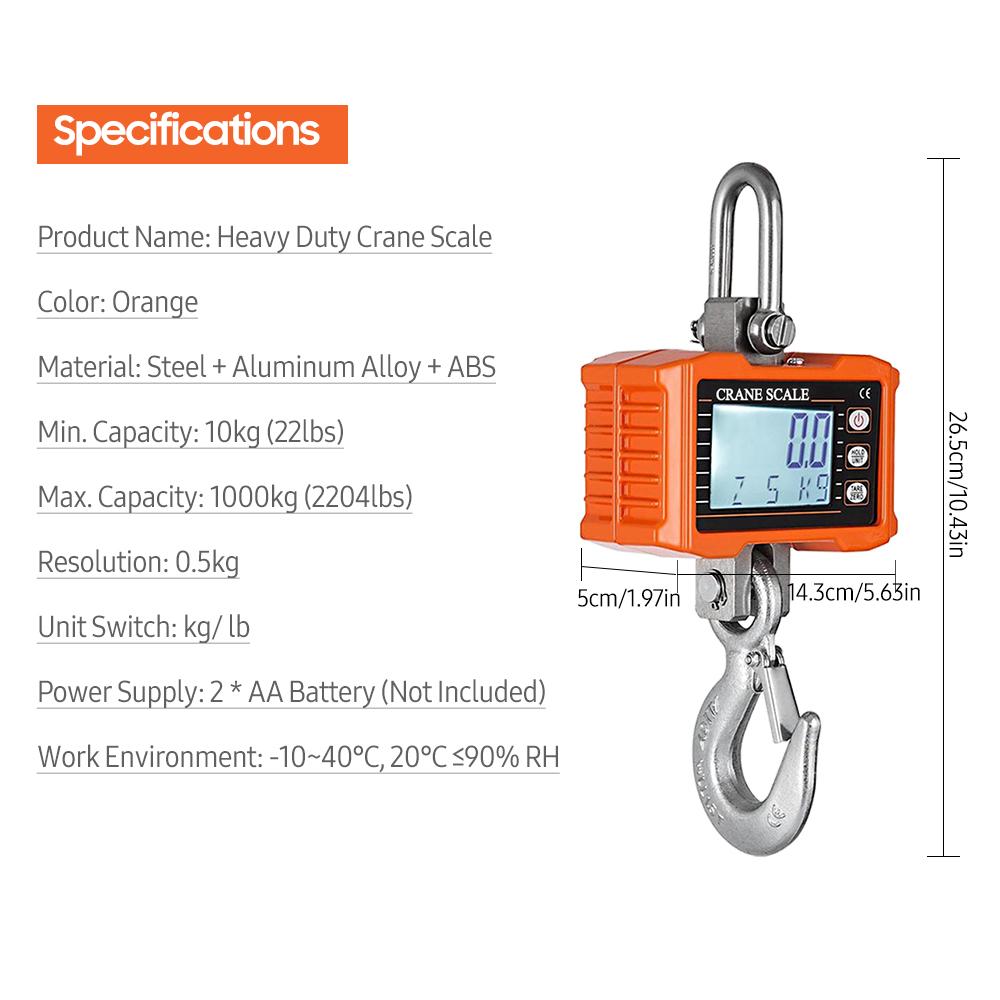 Digital Hanging Scale 1000kg/ 2204lbs Portable Heavy Duty Crane Scale LCD Backlight Industrial Hook Scales Unit Change/ Data Hol оранжевый