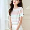 Women's Pastel Rainbow Striped T-Shirt Casual Crew Neck Short-Sleeve Slim Fit Knit Top