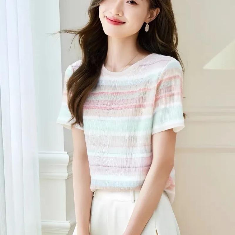 Women's Pastel Rainbow Striped T-Shirt Casual Crew Neck Short-Sleeve Slim Fit Knit Top
