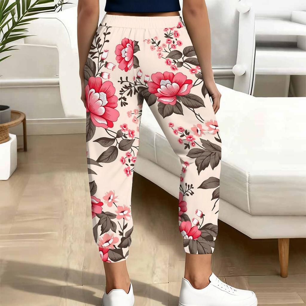 Summer Ladies Realistic Large Flowers Prints Printed Sweatpants Loose Fit Drawstring Joggers Elastic Cuff Daily Casual Pants
