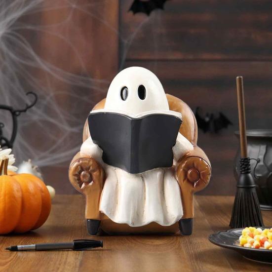 Halloween Ghost Figurine Resin Ghost Sitting on Sofa Reading Book Statue Vintage Table Decoration for Book Lovers Gifts