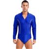 Mens Figure Skating Latin Dance Bodysuit V Neck Long Sleeve Sparkling Rhinestones Stage Performance Leotard