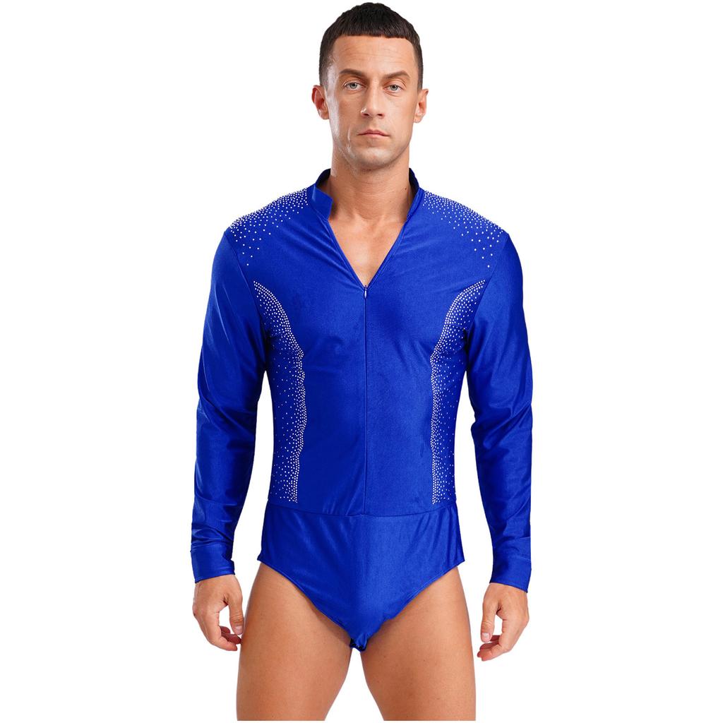 Mens Figure Skating Latin Dance Bodysuit V Neck Long Sleeve Sparkling Rhinestones Stage Performance Leotard
