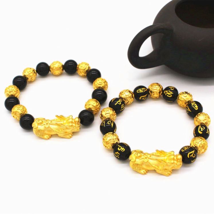 Dubai Jewelry Gold PlatedJewelry Obsidian Sixcharacter Mantra Men's Domineering Dubai Plated Brave Pixiu Bracelet