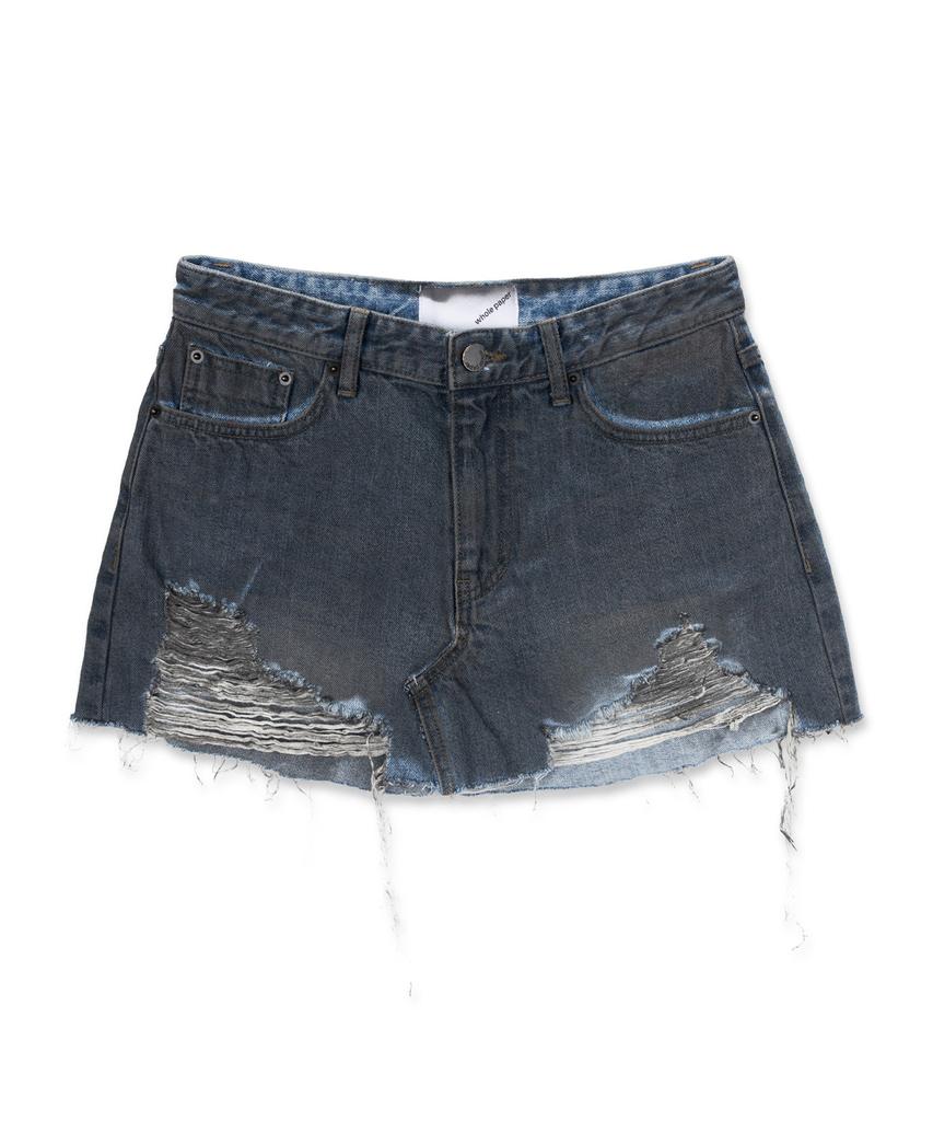 Holpeipeo Dirty Wash Damaged Denim Short Skirt (Black)