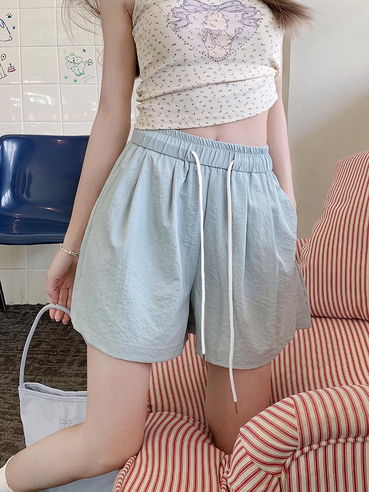Women's High Waist Drawstring Blue Shorts - Summer Casual, Slimming Wide-Leg for Middle School Students