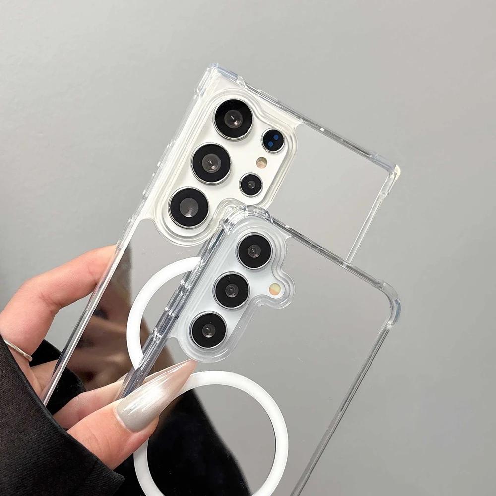 for Magsafe Mirror Make Up Case for Samsung Galaxy S25 S23 Ultra S24 FE S22 A55 A54 A35 A15 A16 A56 A36 Airbag Bumper Slim Cover