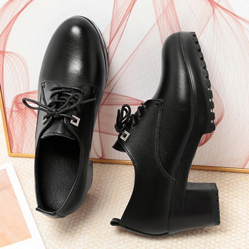 Spring Autumn lace-up Thick Sole Women Pumps Shoes High Heels Comfortable Breathable Square Heel Solid Soft Leather Shoes