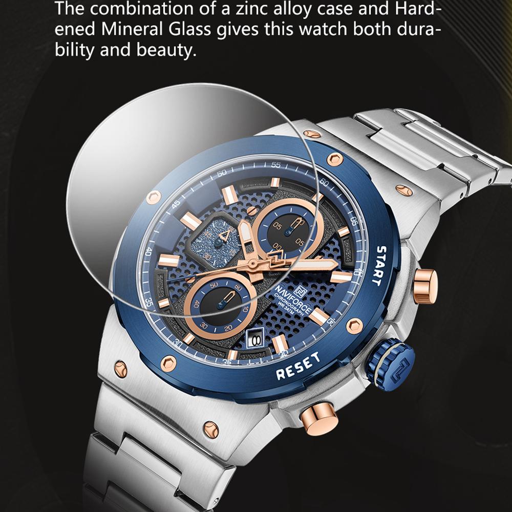 Naviforce Męski Zegarek Kwarcowy Wskazówkowy Stoper Chronograf Wodoodporny Pasek Ze Stali Nierdzewnej Kalendarz Luminescencyjny Męski Chłopięcy Modny Zegarek Casualowy NF8072