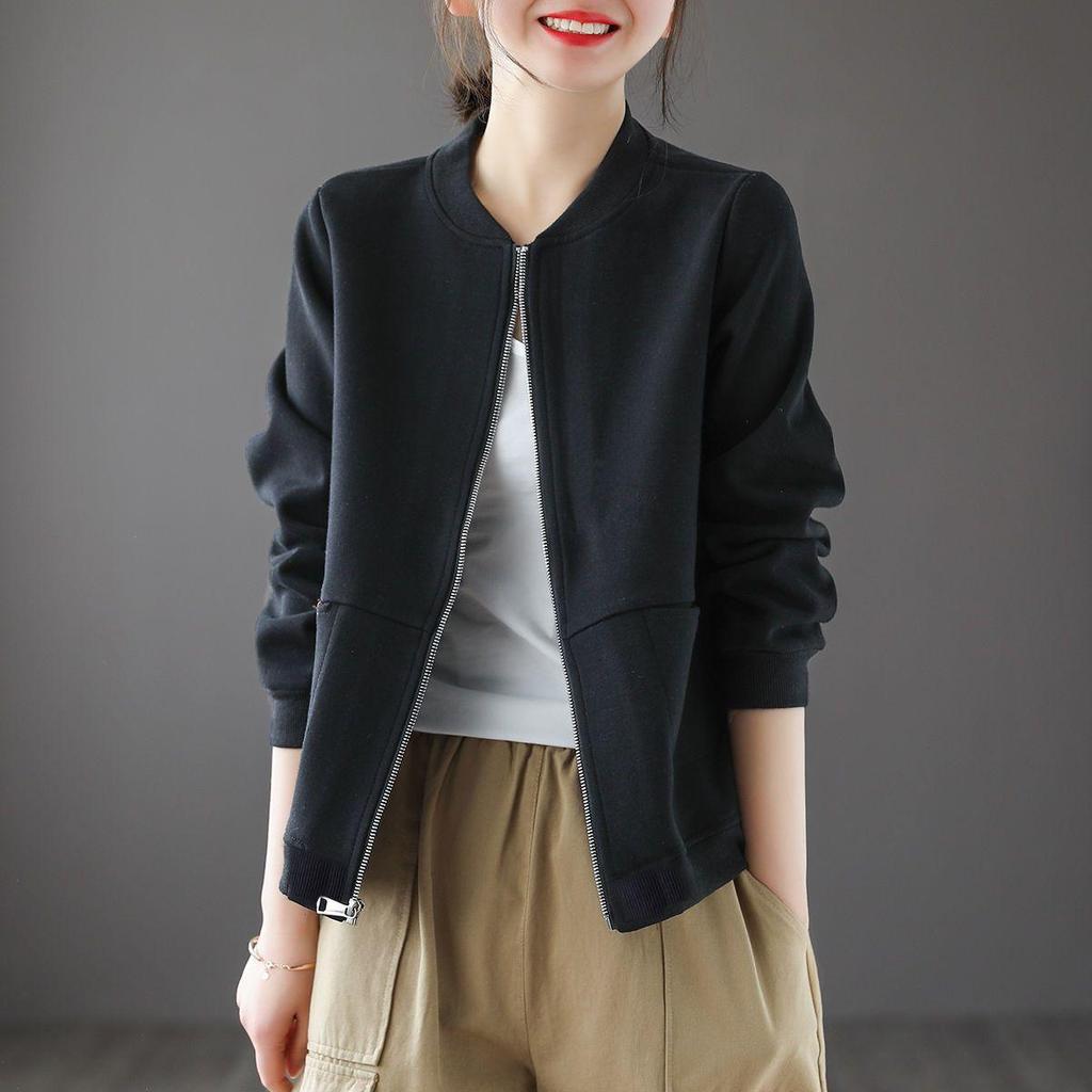 Women's Spring and Autumn Short Solid Color Jacket Loose Zipper Round Neck Casual Baseball Apparel