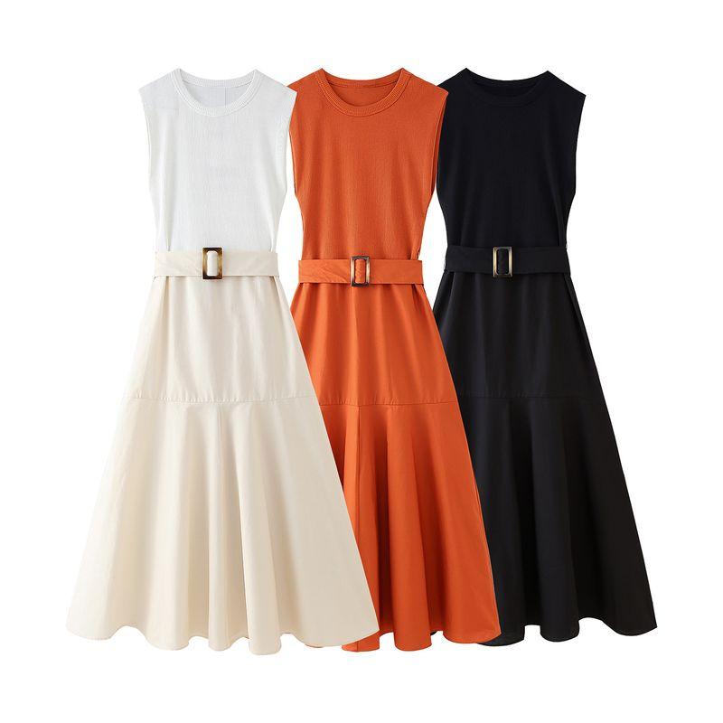 Kaslead New Arrival Women's Clothing Fashion Style Fashion with Belt Patchwork Sleeveless Dress 0264636