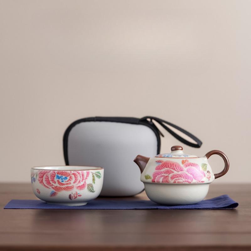 Portable Ru Kiln Tea Set Ceramics One Pot One Cup Outdoor Travel Chinese Kung Fu Tea Set Vintage Handmade Teapot