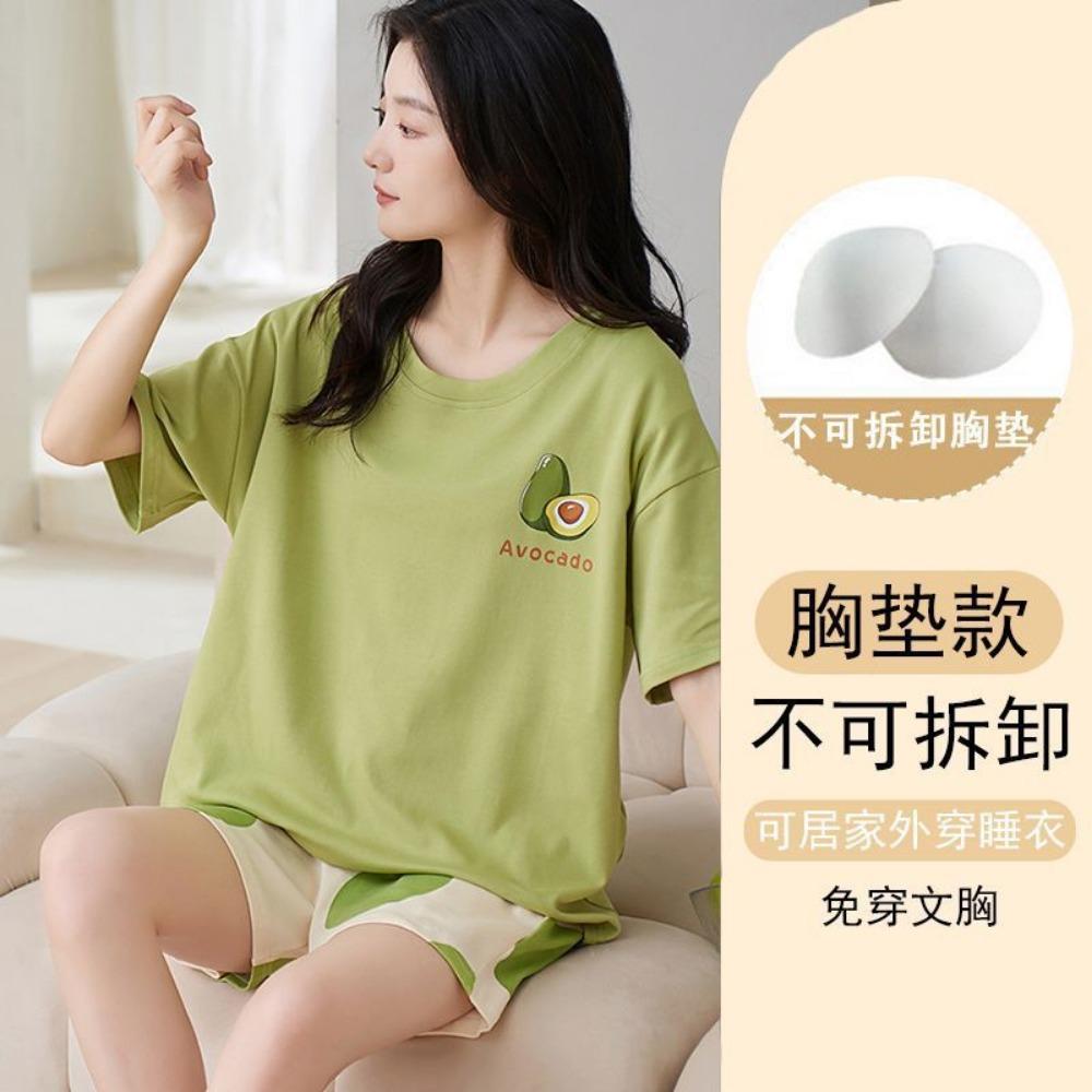 

2024 Summer Short-sleeved Pajamas for Women New Cute Cartoon with Chest Pad Home Clothes Sweet and Wearable Suit M рожевий