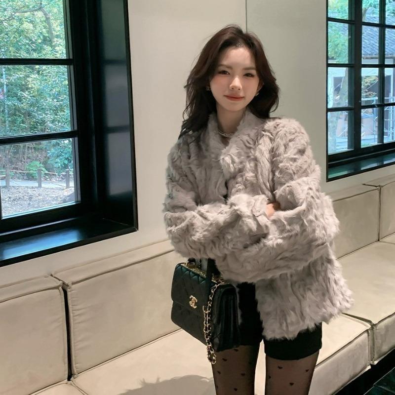 

Qianjin wind tweed fur jacket women s autumn and winter feeling stand-up collar fluffy cotton coat light simple gray L 115-67.5 kg