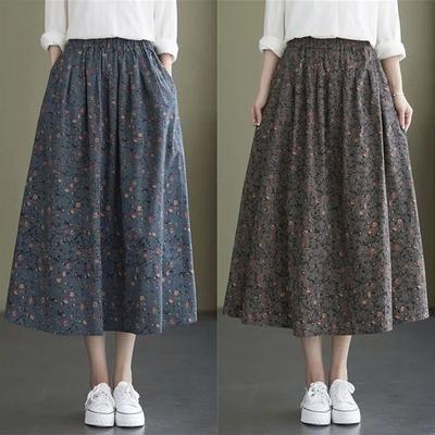 Cotton and Linen Floral Skirt Women's Spring and Summer Large Size Loose High Waist Mid-length A-line Skirt