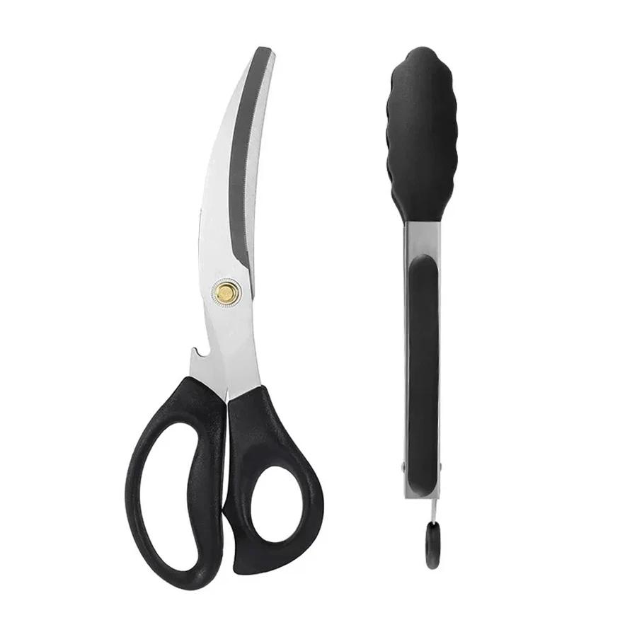 Portable Stainless Steel BBQ Scissors Clip Set Silicone Food Clip Scissors Suitable for Outdoor Camping BBQ Accessories