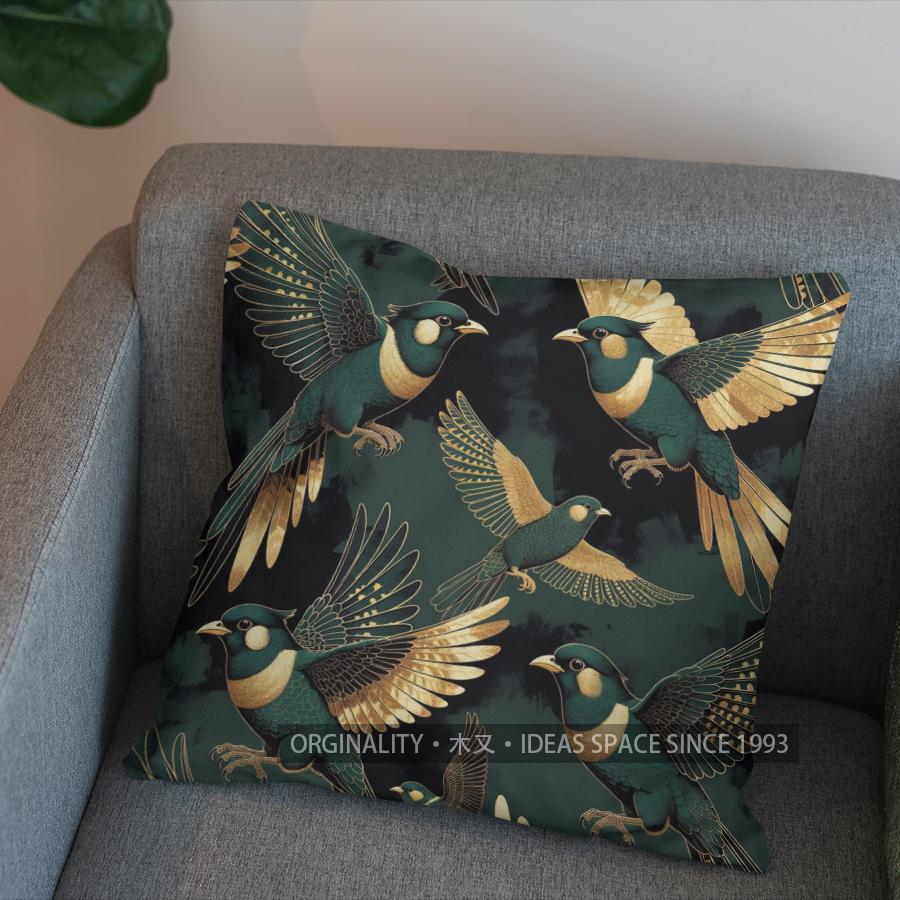 2D Elegant Green Birds And Floral Pattern Pillow Pattern Cushion Cover Suitable For Sofa Bedroom Car Pillow Cover