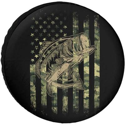 Bass Fishing American Flag Spare Tire Cover Waterproof Durable Camo Wheel Protector for SUV Truck