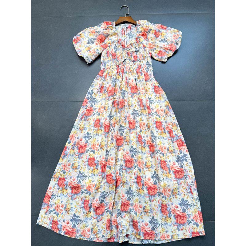 

Foreign Trade Simple Original Order Square-Cut Collar High Waist Waist Hugging A Word Swing Chiffon Puff sleeve Large Dress Dress Pink Large Floral Dress Dress L