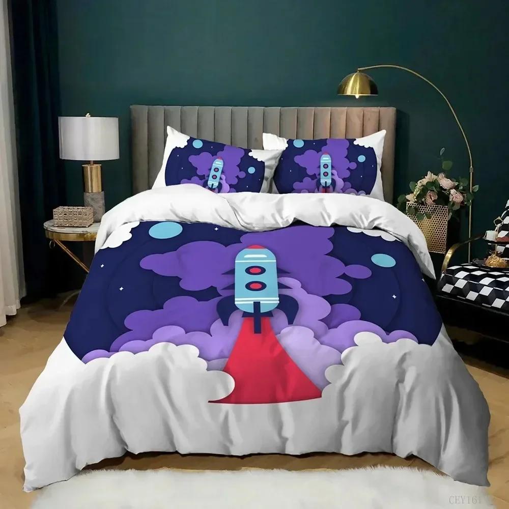 Top 3D Cartoon Duvet Cover Set Science Fiction Space Themed With Earth And Rocket,Decorative Bedding Set,Queen Size Quilt Cover