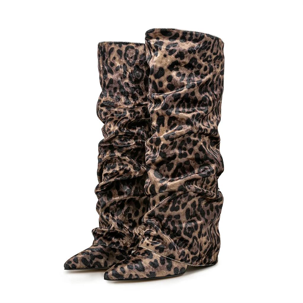 Krokodilmuster Damen High Boots Spitzschuh Leopardenmuster Keilschuhe Retro Schlupf-Muster Ärmel Kniehoch Plissee Stiefel