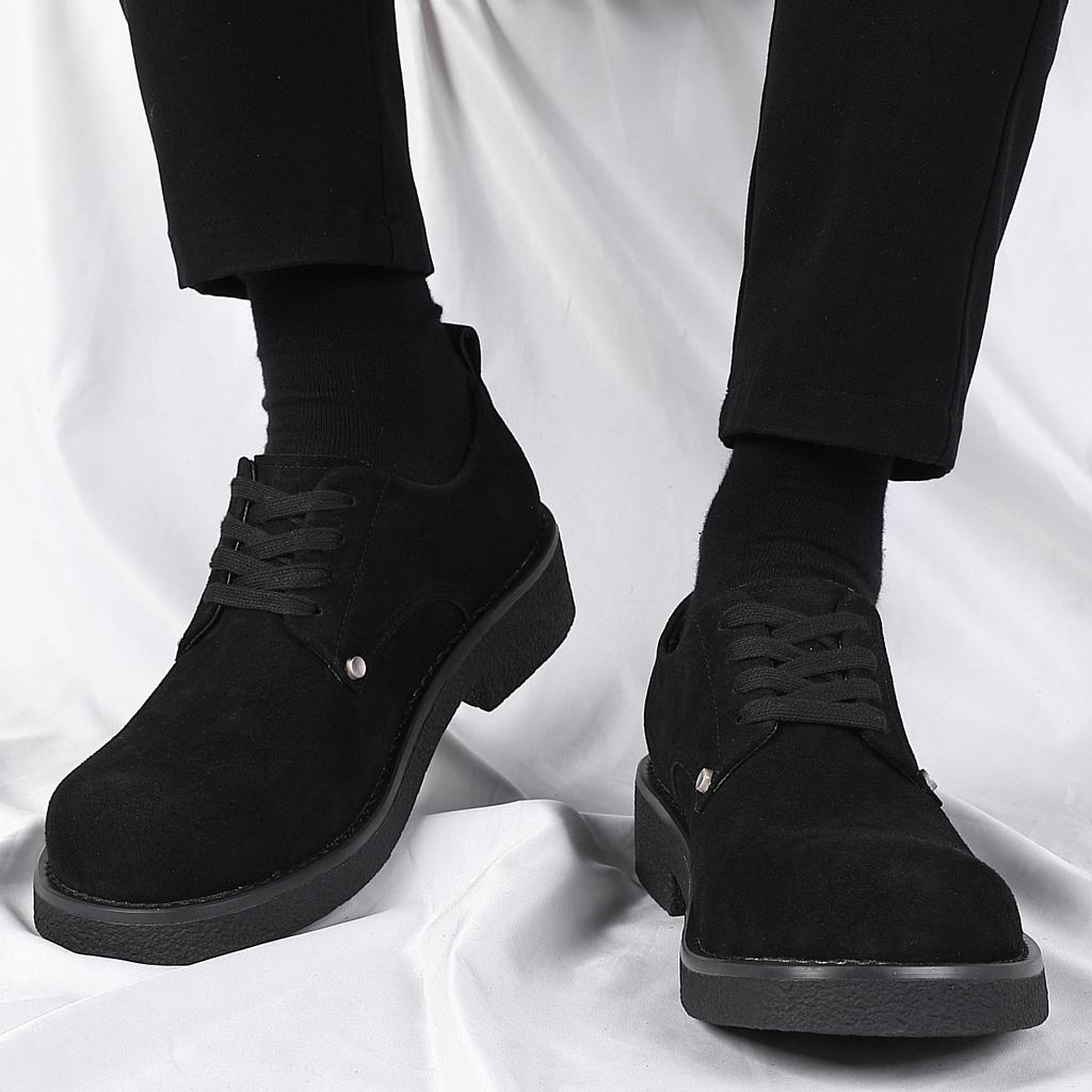 Fur derby shoes men's 2025 spring and summer breathable low-top rhubarb boots thick sole heightening fashionable casual tooling leather shoes