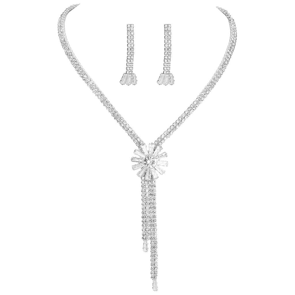 Flower Rhinestone Fringed Necklace Earrings Set, High-end Sense Necklace Ear Zircon Two-piece Set