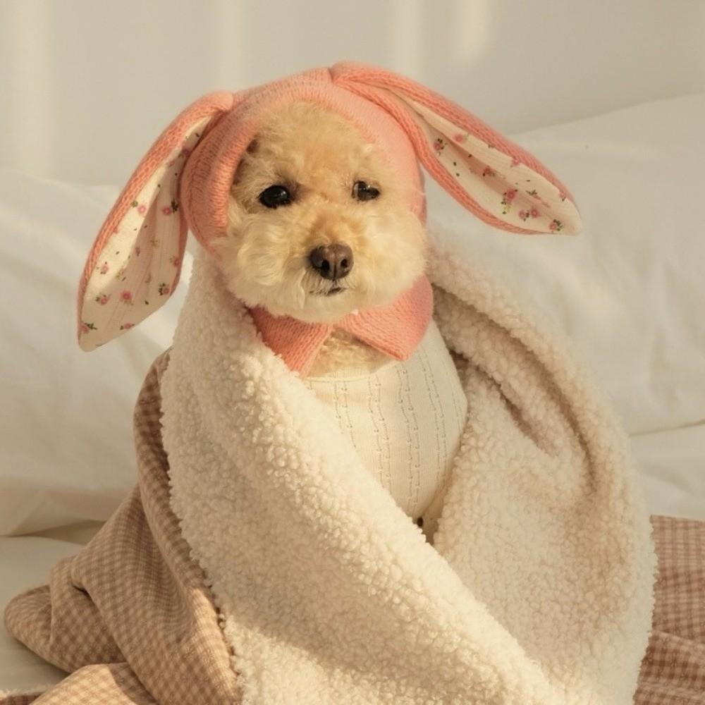 Pet Head Wear Cute Rabbit Ears Pet Hat Warm Soft Elastic Knitted Pet Hat Comfortable Floral Pattern Pet Headgear Party Costume