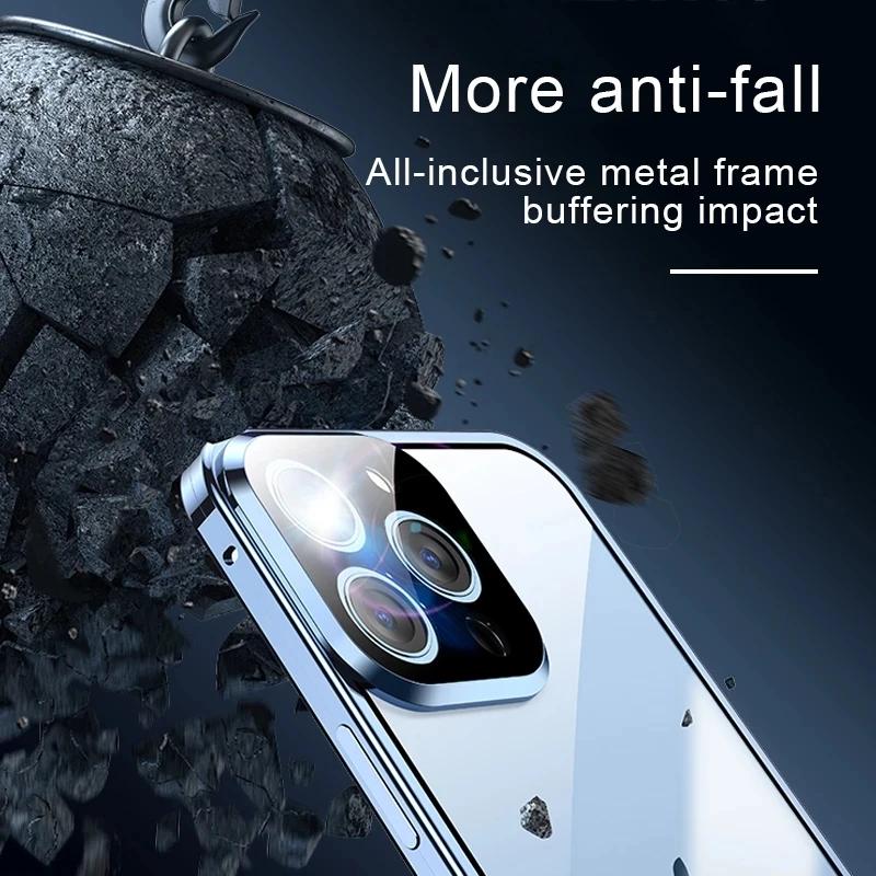 Przezroczyste Metalowe Magnetyczne Dwustronne Szklane Etui z Naciskiem 360° Pełna Ochrona dla iPhone 16e 16 Pro Max 14 13 12 15 Pro Max