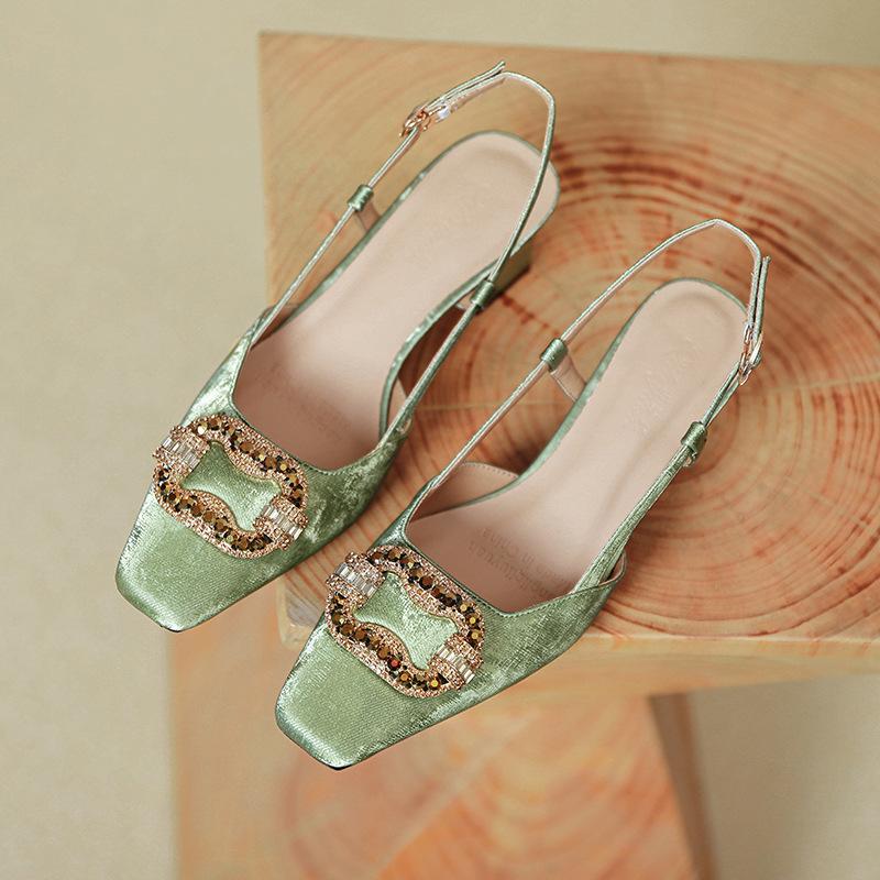 

Французские сандалии-баотоу для женщин на лето 2025 года, открытые туфли с одинарной пряжкой и квадратным носком, на высоком каблуке 40 зелёный