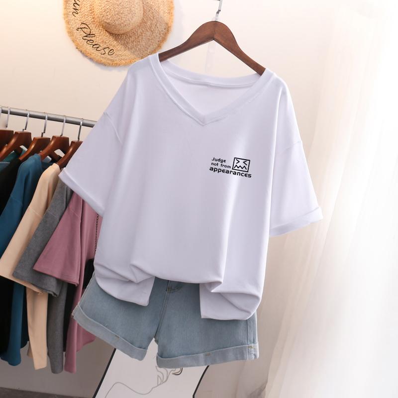 

Женская футболка с коротким рукавом, большого размера, свободная и стройнящая, топ с V-образным вырезом с принтом 3XL белый