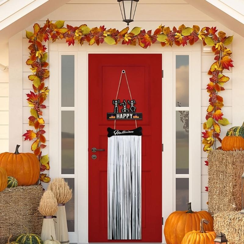 Wood Sign with Tassels Halloween Decoration Front Door Hanging Plaques Ornament with Bat Witch Pattern for Home Decors