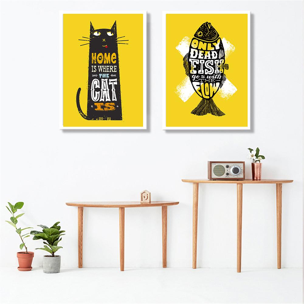 Nordic Poster Prints Black Cat Fish Qotes Wall Decor Cuadros Decoracion Yellow Wall Art Picture Kitchen Living Room Decoration