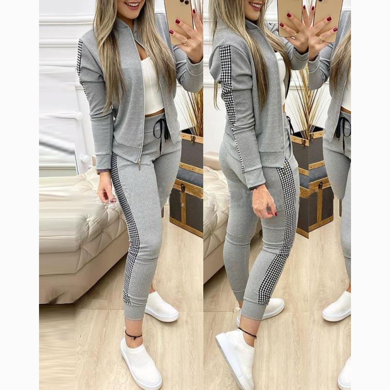 Autumn Women's Fashion Sports Casual Patchwork Plaid Suit