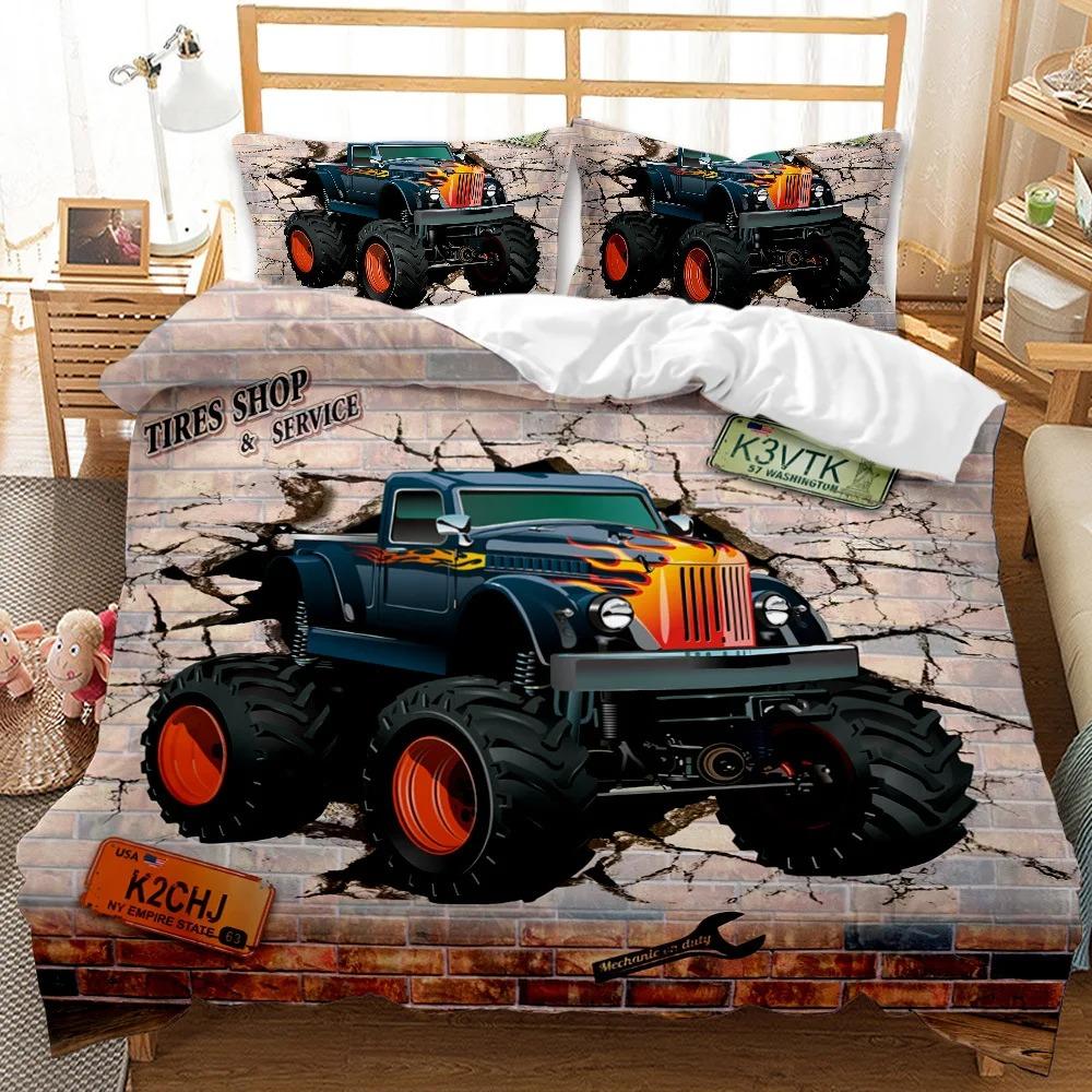 Truck Duvet Cover Set Automobile Blue Monster Pickup Truck Off Road Vehicle Bedding Set For Boys King Size Quilt Cover