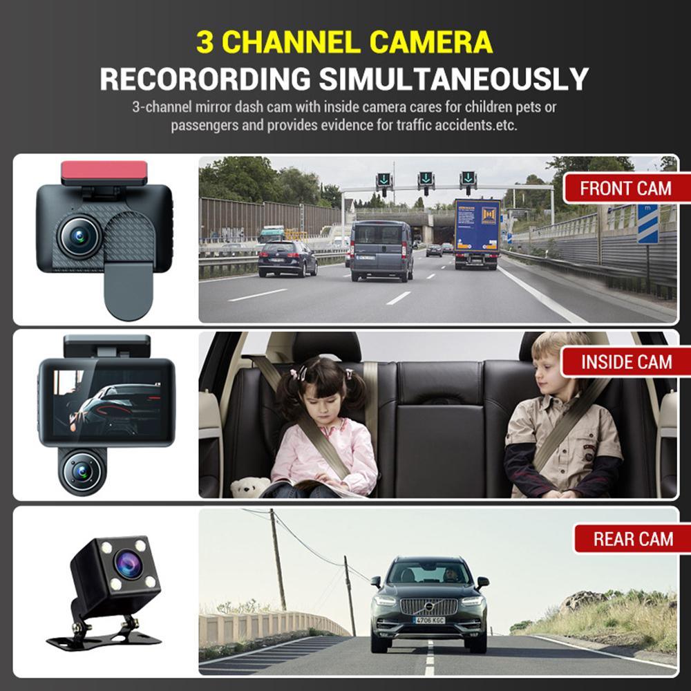 3-Kanal-Dashcam fürs Auto, Videorecorder, Full HD 1080P, Infrarot-Nachtsicht, DVR, Parkmonitor, G-Sensor, Auto-Blackbox, Dashcam