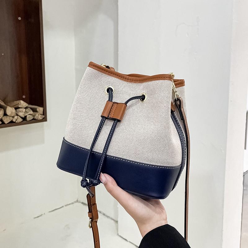 Chic Canvas Color Block Bucket Bag For Daily Fashion Street Style