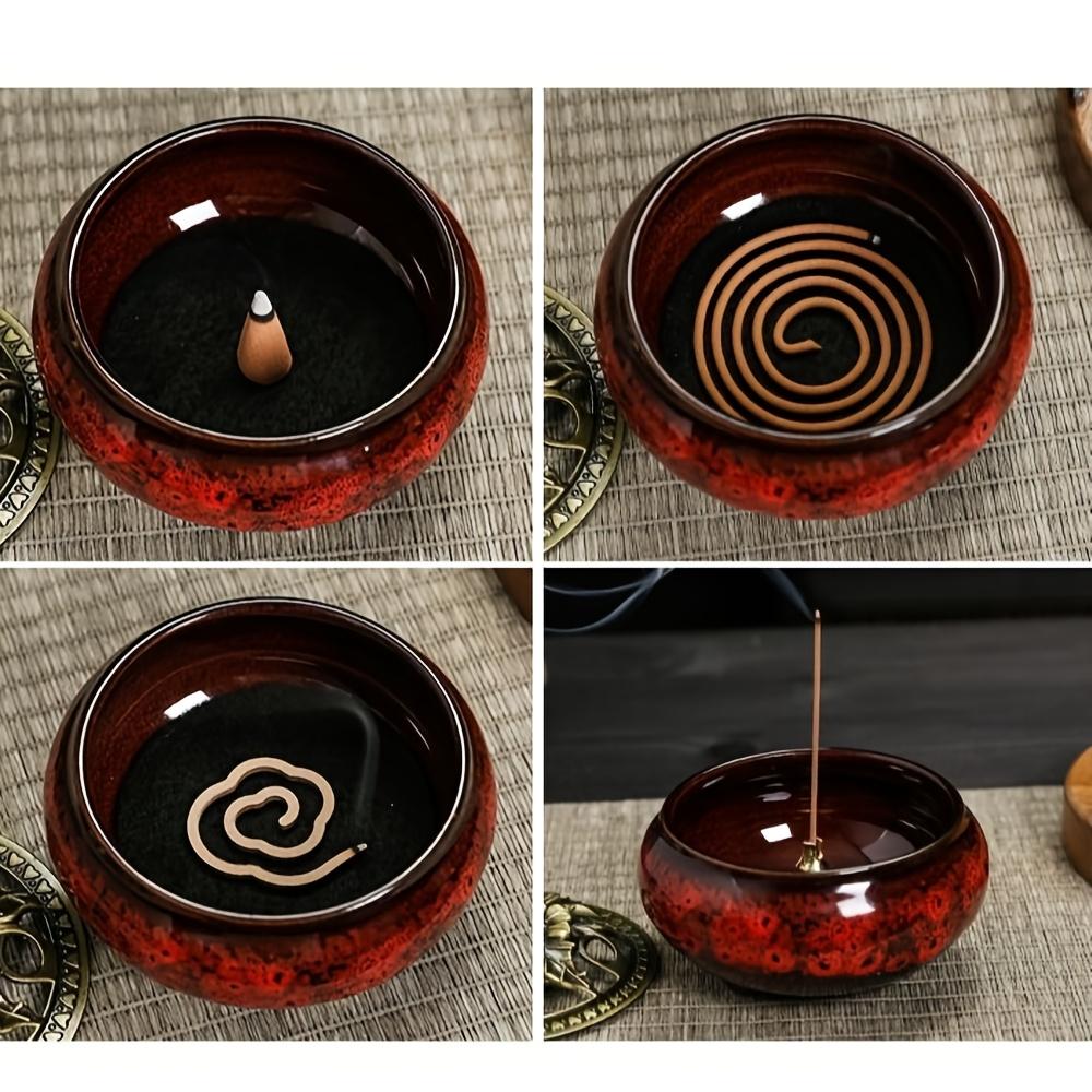 Large Kiln-fired Ceramic Incense Holder Set with Vintage Brass Cover, Includes Fireproof Mat, Coiled Incense Tray and Mesh Cover