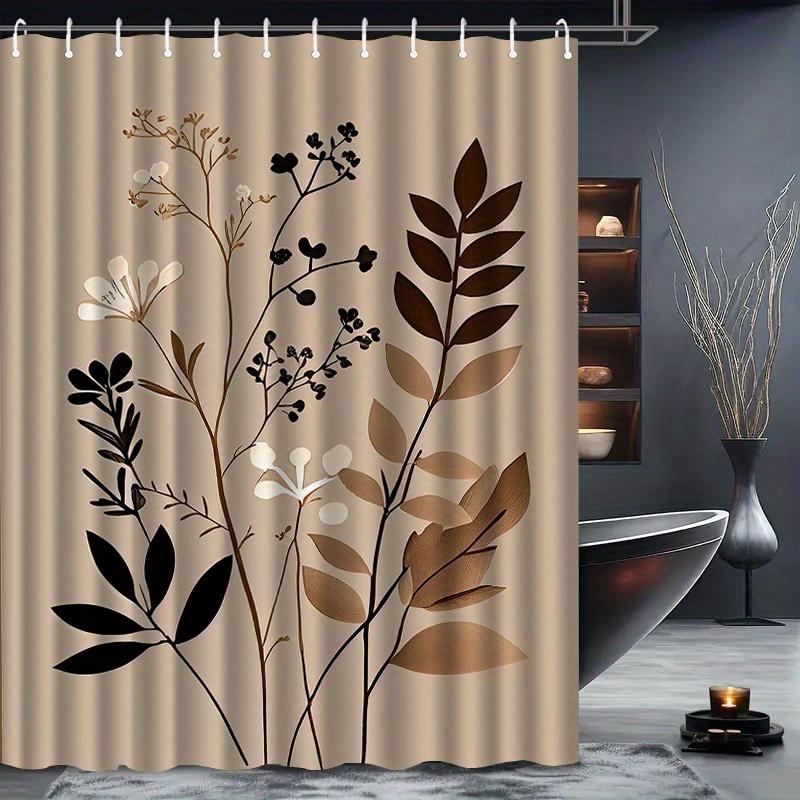 1pc Brown Leaf Pattern Shower Curtain, Polyester Fabric, Machine Washable, with Hooks, Suitable for Bathroom Décor.