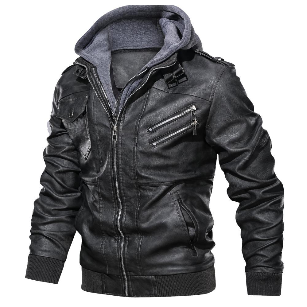 Men's PU Leather Jacket with Detachable Hood