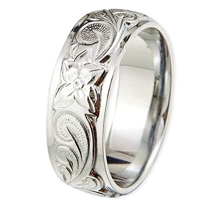 Aloha Lokahi Hawaiian Jewelry Ring, Surgical Stainless Steel, Double Cutout, Straight Edge, Scroll, Plumeria, Stainless Steel Silver, Size 25