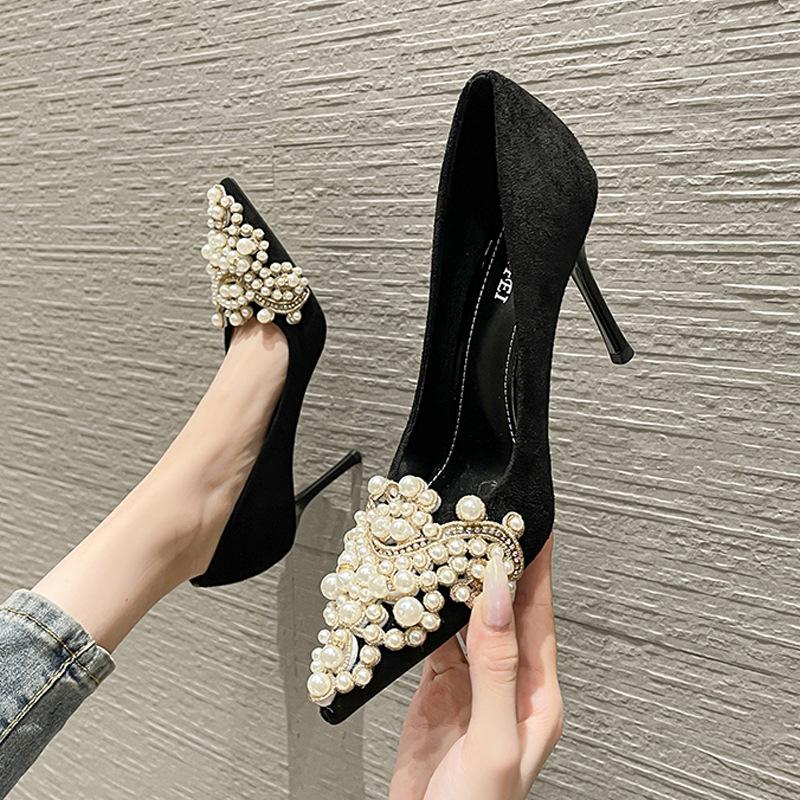 Fashion 2025 Women Luxury High Heels Slides Lady Thin Low Heels Pearl Sandals Slippers Summer Party Apricot Mules Crystal Prom Shoes