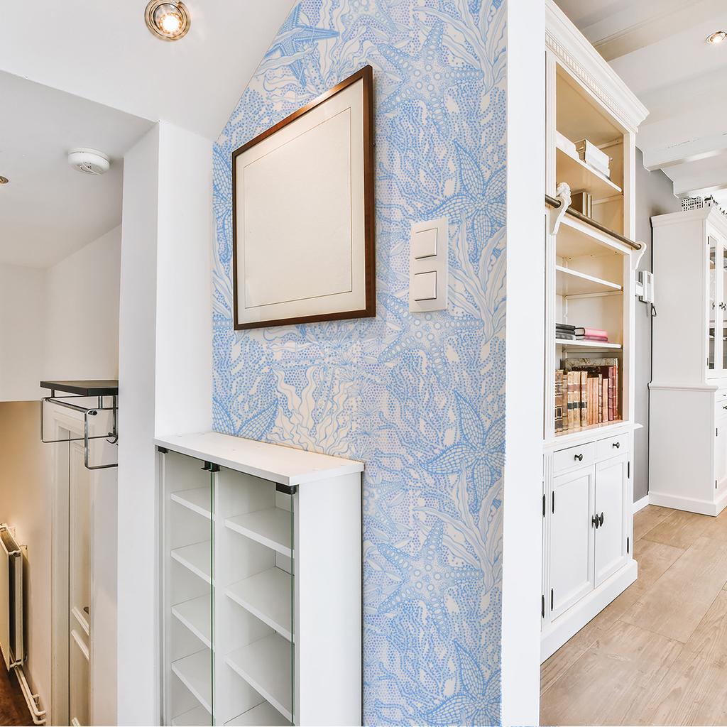 Ocean Peel and Stick Wallpaper White Blue Coral Starfish Contact Paper Self Adhesive Removable Coastal Wallpaper for Bathroom