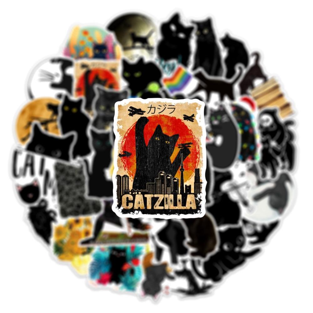 50 cartoon black cat graffiti stickers luggage notebook tablet phone case stationery decoration waterproof stickers