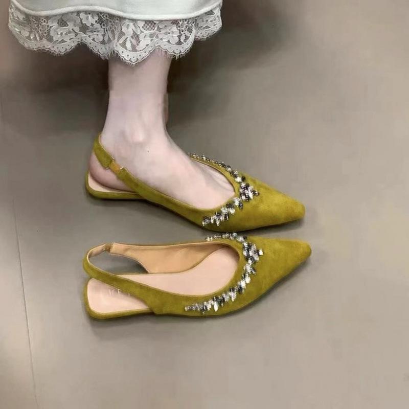 2025 rhinestone flower high heels satin thin heel pointed head bag head French single shoes women's rear empty word belt half drag sandals