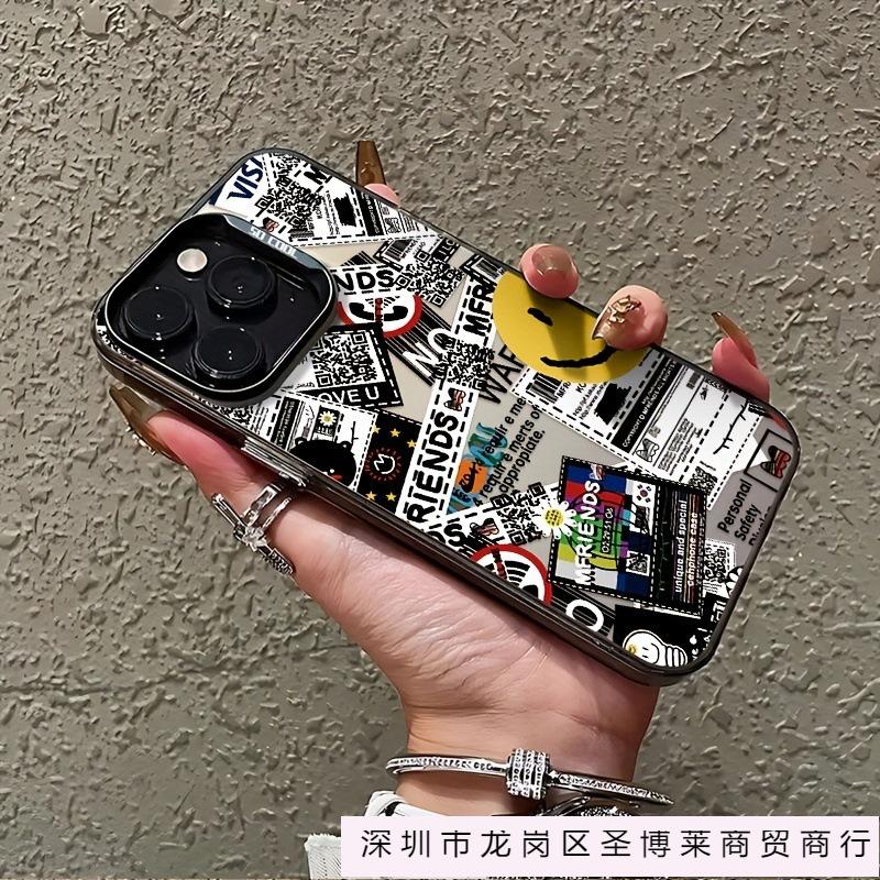 Smile Graffiti Newspaper Applicable iPhone16 Mobile Phone Case Apple 13/14 Premium Sense 15Pro Color Silver 16plus